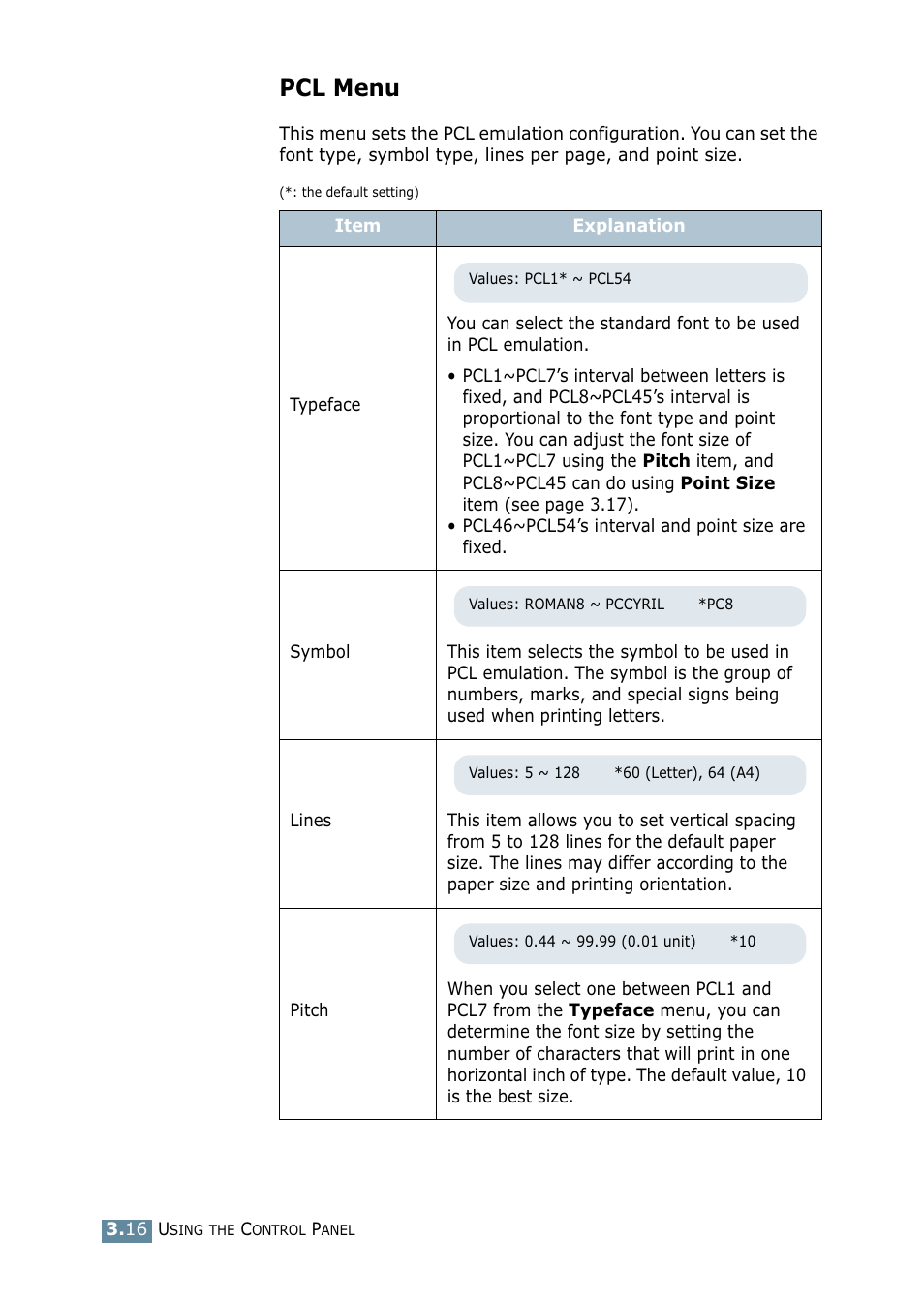 Pcl menu | Samsung ML 2550 User Manual | Page 57 / 231