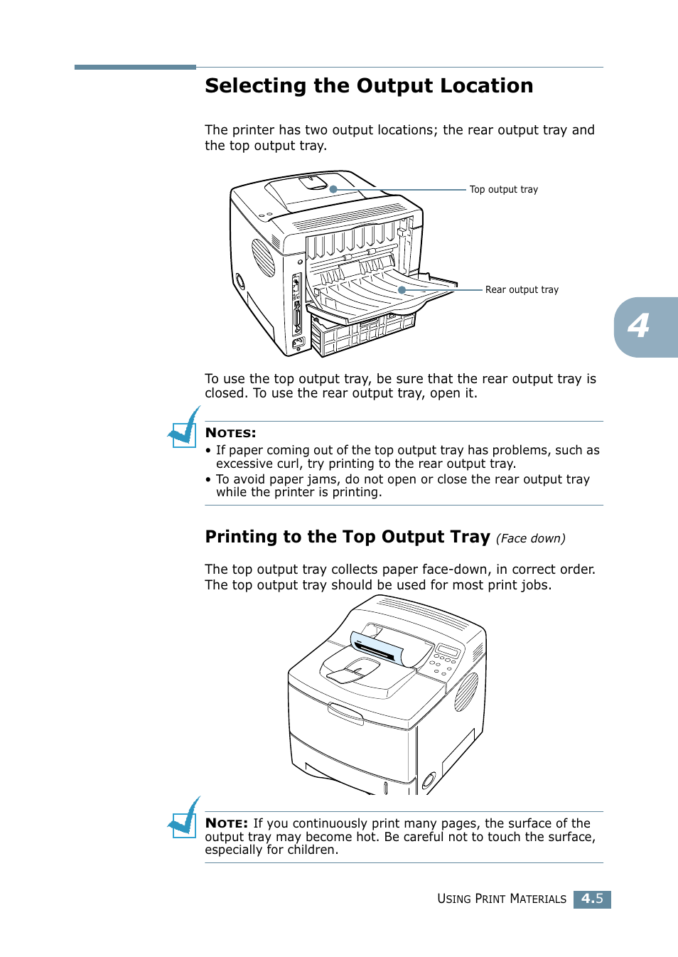 Selecting the output location, Printing to the top output tray (face down), Printing to the top output tray | Samsung ML 2550 User Manual | Page 68 / 231