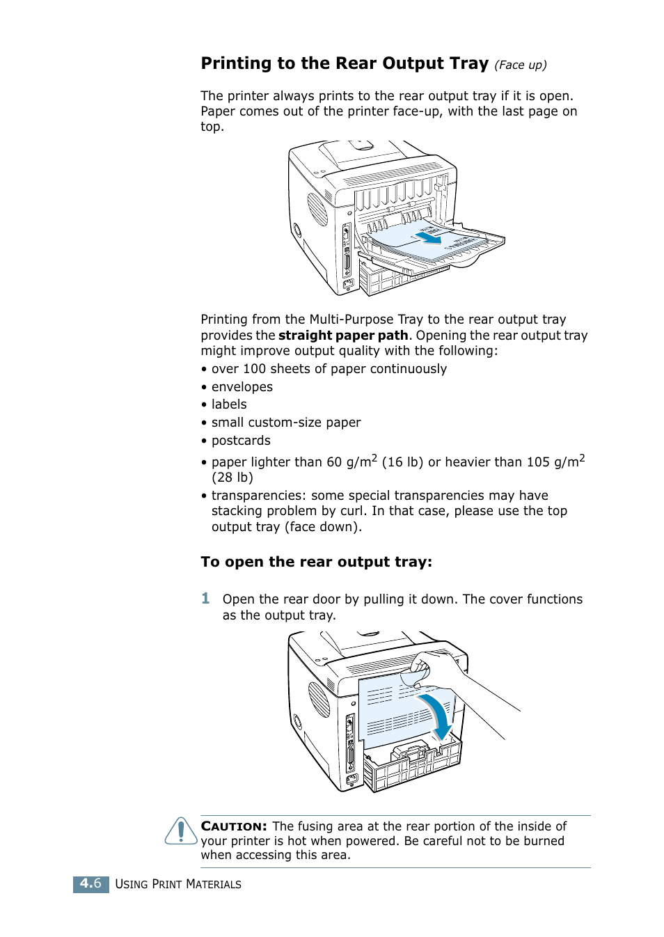 Printing to the rear output tray (face up), Printing to the rear output tray | Samsung ML 2550 User Manual | Page 69 / 231