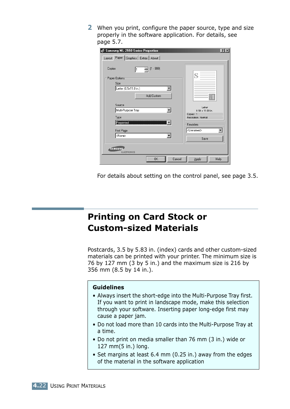 Printing on card stock or custom-sized materials | Samsung ML 2550 User Manual | Page 85 / 231