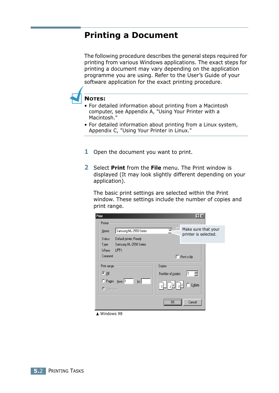 Printing a document | Samsung ML 2550 User Manual | Page 89 / 231