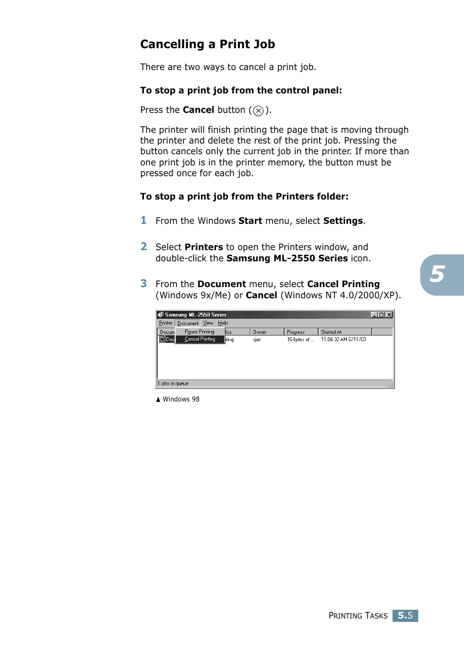 Cancelling a print job | Samsung ML 2550 User Manual | Page 92 / 231