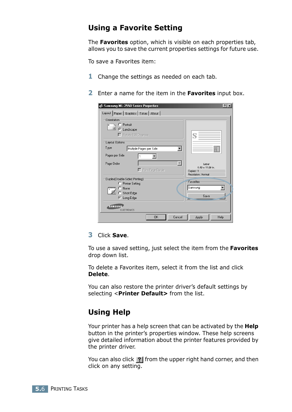 Using a favorite setting, Using help, Using a favorite setting using help | Samsung ML 2550 User Manual | Page 93 / 231