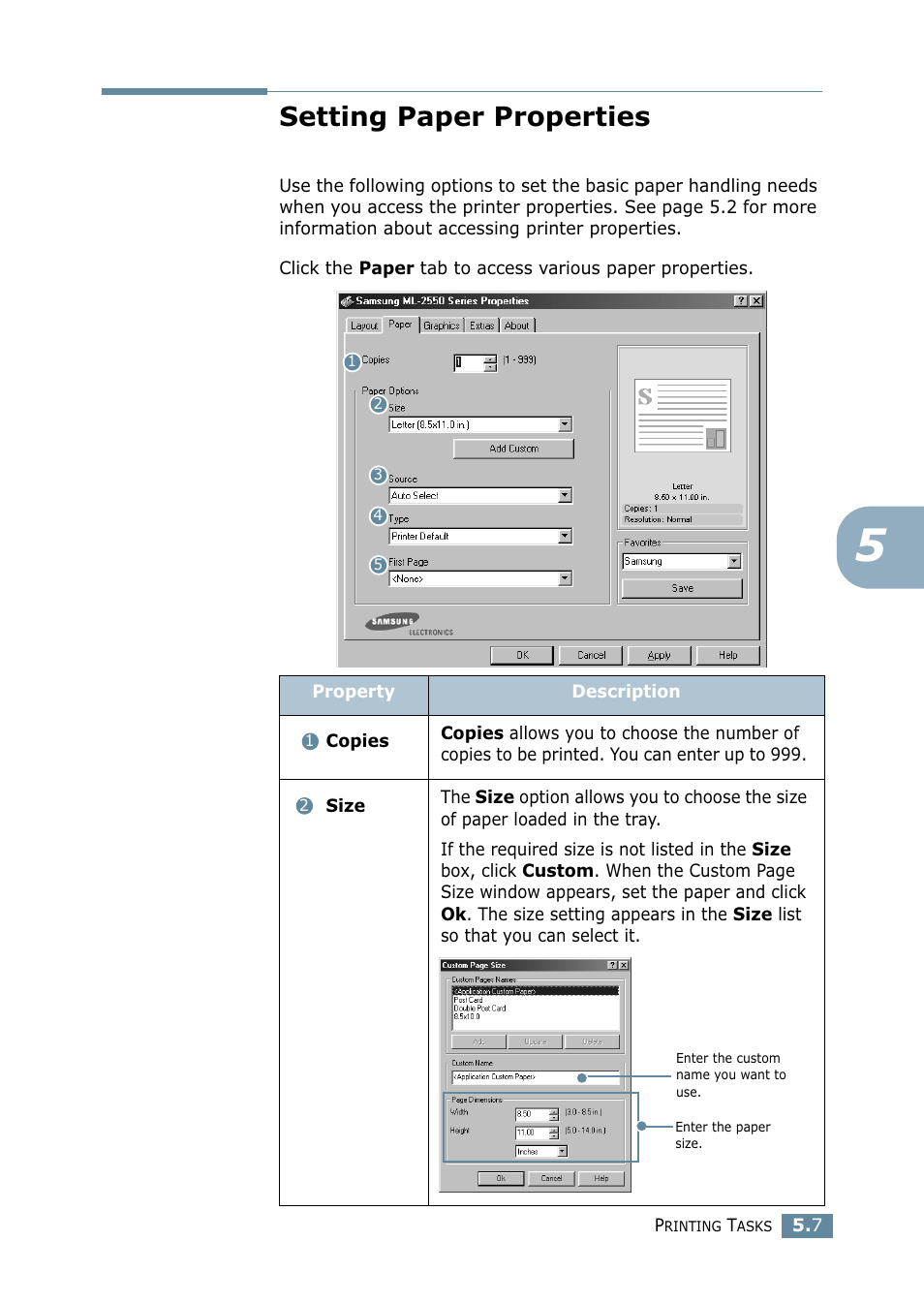Setting paper properties | Samsung ML 2550 User Manual | Page 94 / 231