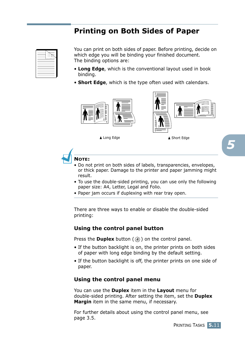 Printing on both sides of paper, Using the control panel button, Using the control panel menu | Samsung ML 2550 User Manual | Page 98 / 231