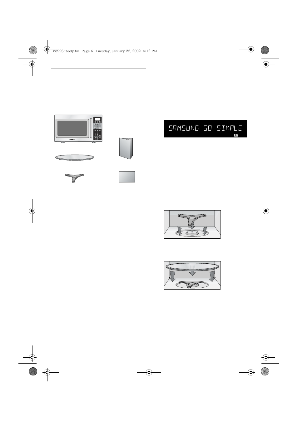Checking parts, Warranty and service information, Setting up your microwave oven | Samsung MS8899S User Manual | Page 6 / 32