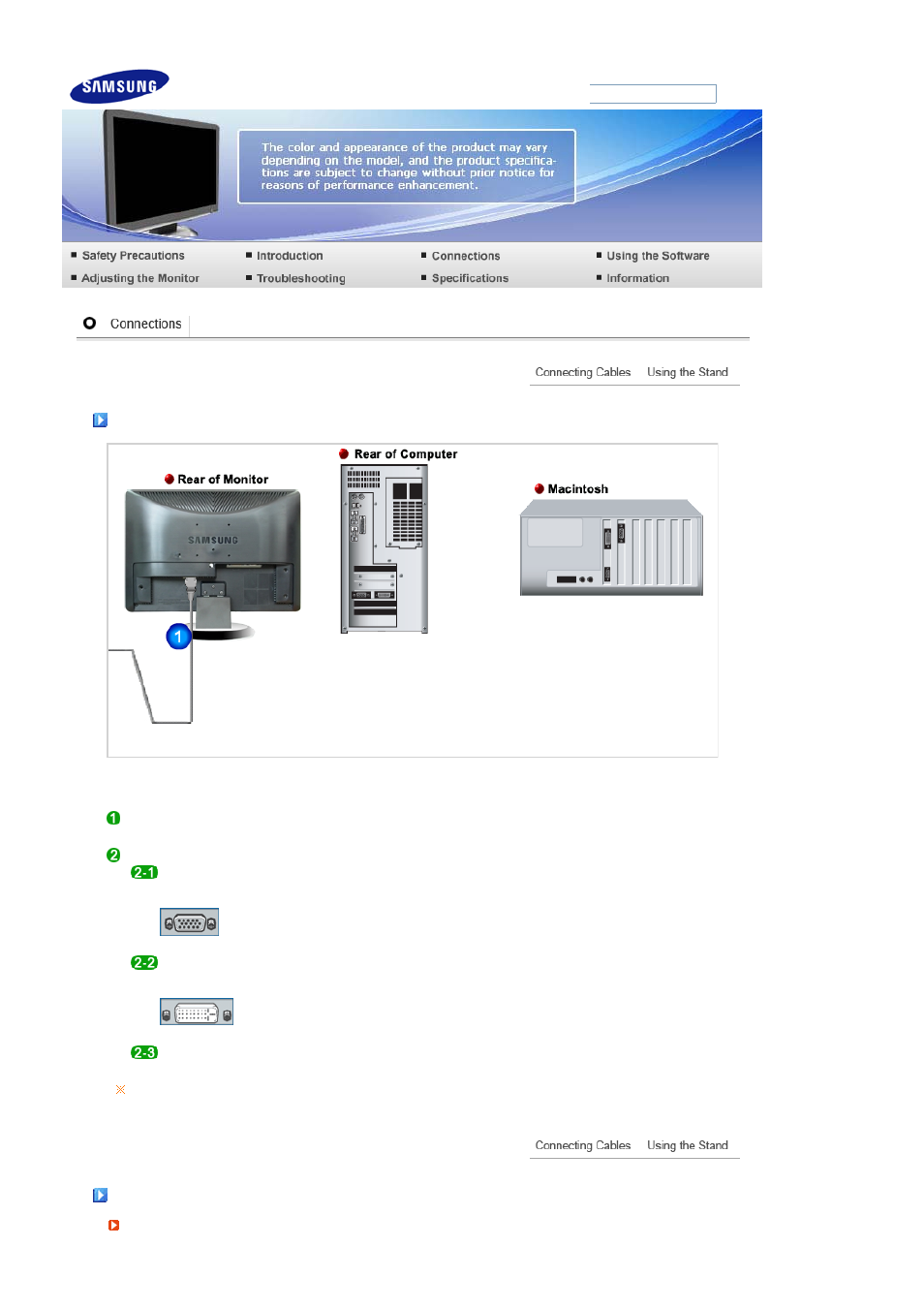 Connections, Connecting cables | Samsung 226BW User Manual | Page 17 / 53