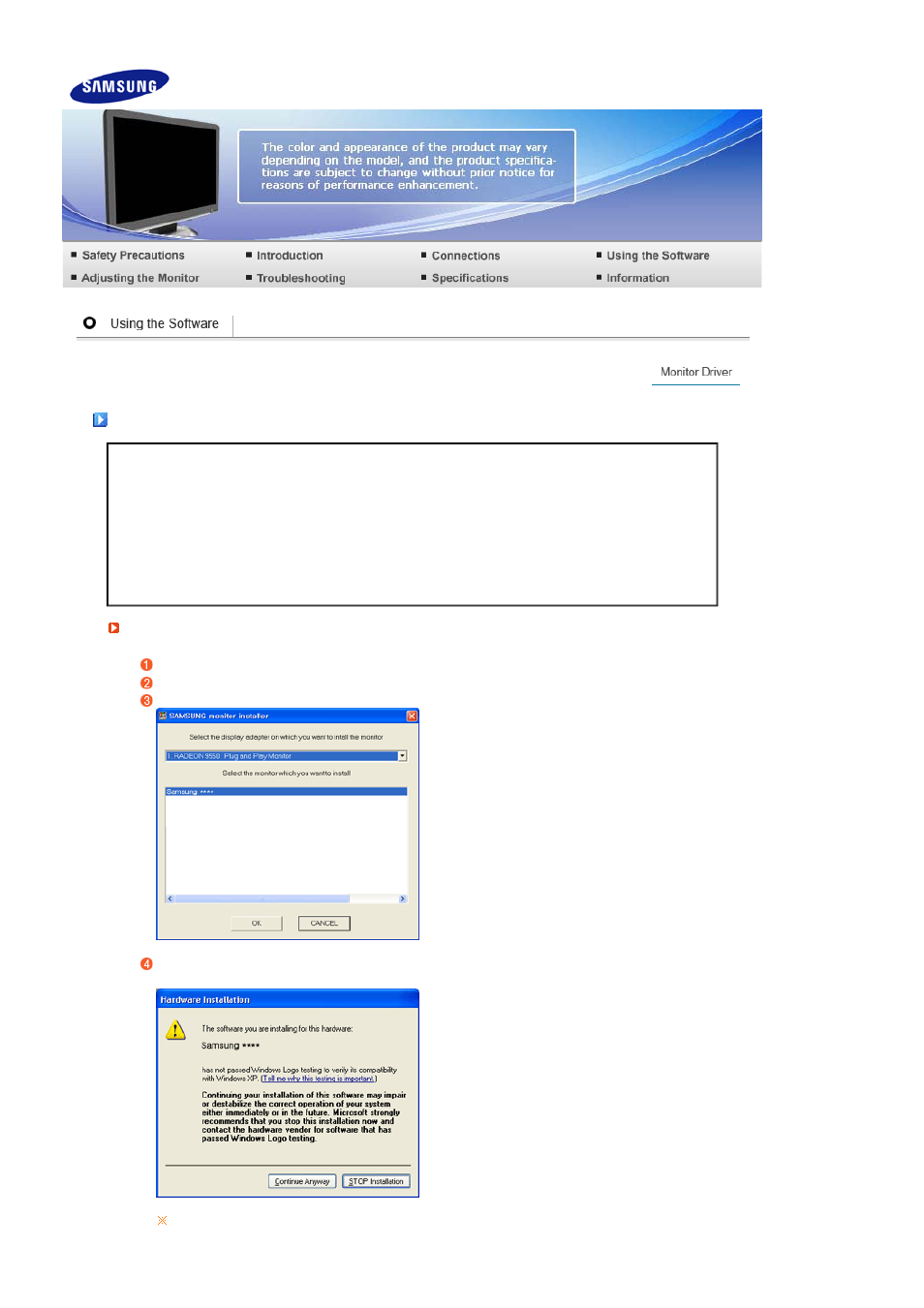 Using the software, Monitor driver | Samsung 226BW User Manual | Page 19 / 53