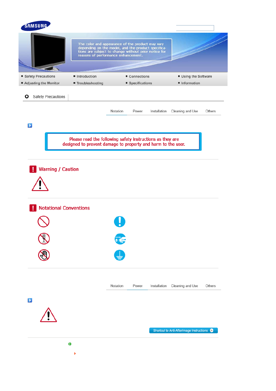 Safety precautions, Notation, Power | Samsung 226BW User Manual | Page 2 / 53