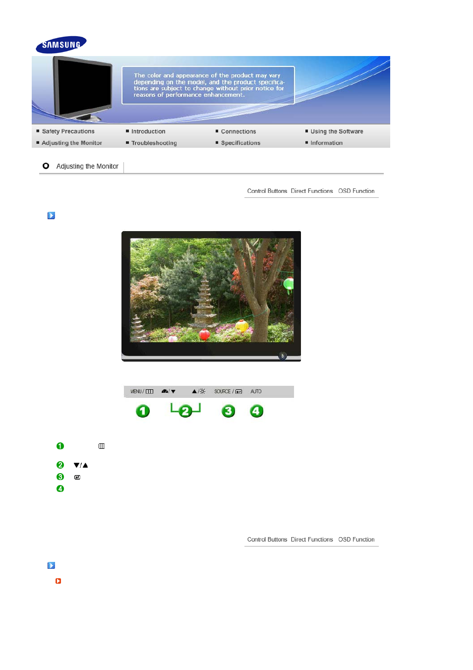 Adjusting the monitor, Syncmaster 206bw/226bw, Control buttons | Samsung 226BW User Manual | Page 26 / 53