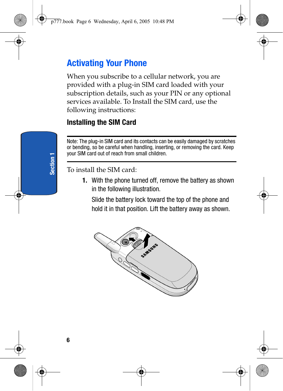 Activating your phone, Installing the sim card | Samsung P O R T A B L E T R I - M O D E T E L E P H O N E SGH-P777 User Manual | Page 10 / 205