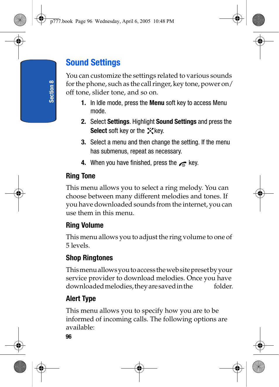 Sound settings, Ring tone, Ring volume | Shop ringtones, Alert type | Samsung P O R T A B L E T R I - M O D E T E L E P H O N E SGH-P777 User Manual | Page 100 / 205