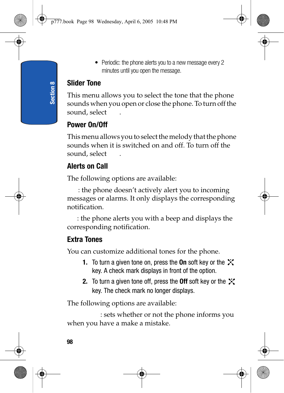 Slider tone, Power on/off, Alerts on call | Extra tones | Samsung P O R T A B L E T R I - M O D E T E L E P H O N E SGH-P777 User Manual | Page 102 / 205