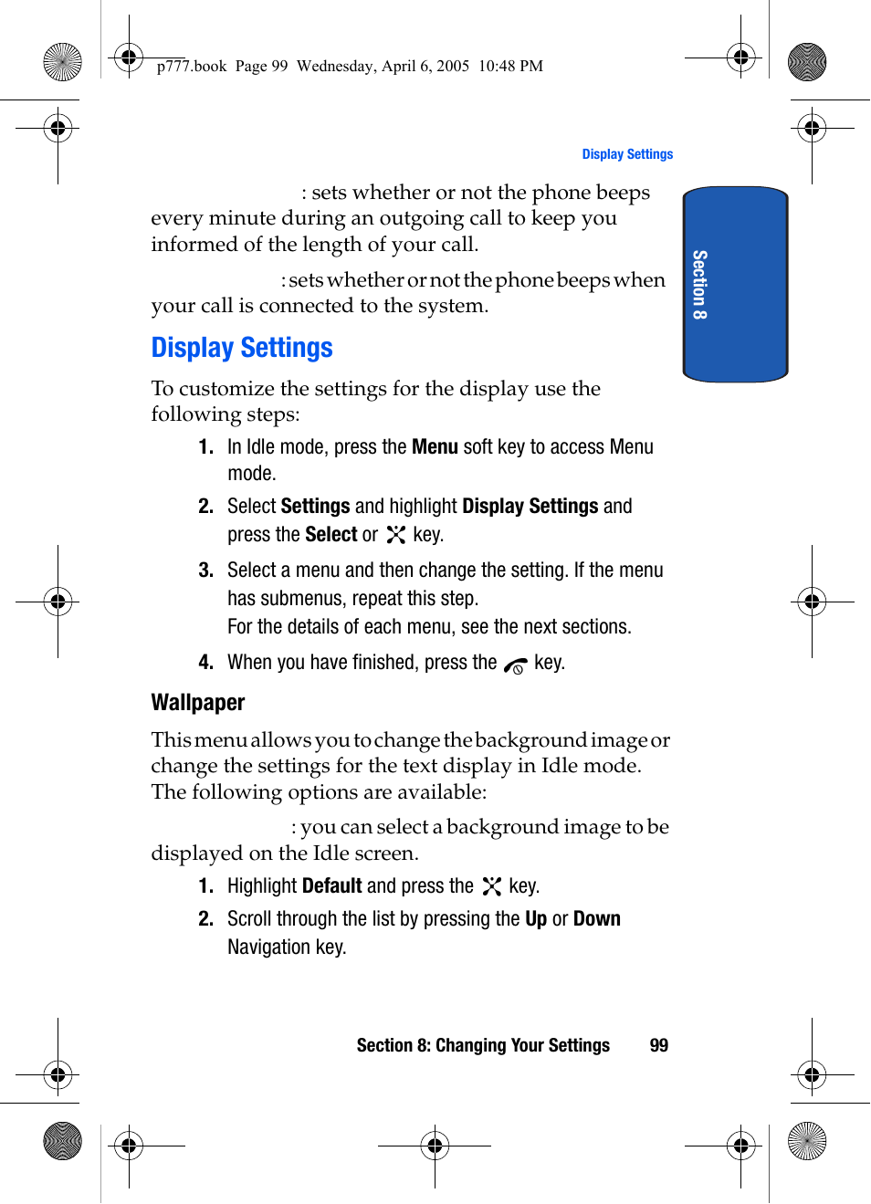 Display settings, Wallpaper | Samsung P O R T A B L E T R I - M O D E T E L E P H O N E SGH-P777 User Manual | Page 103 / 205