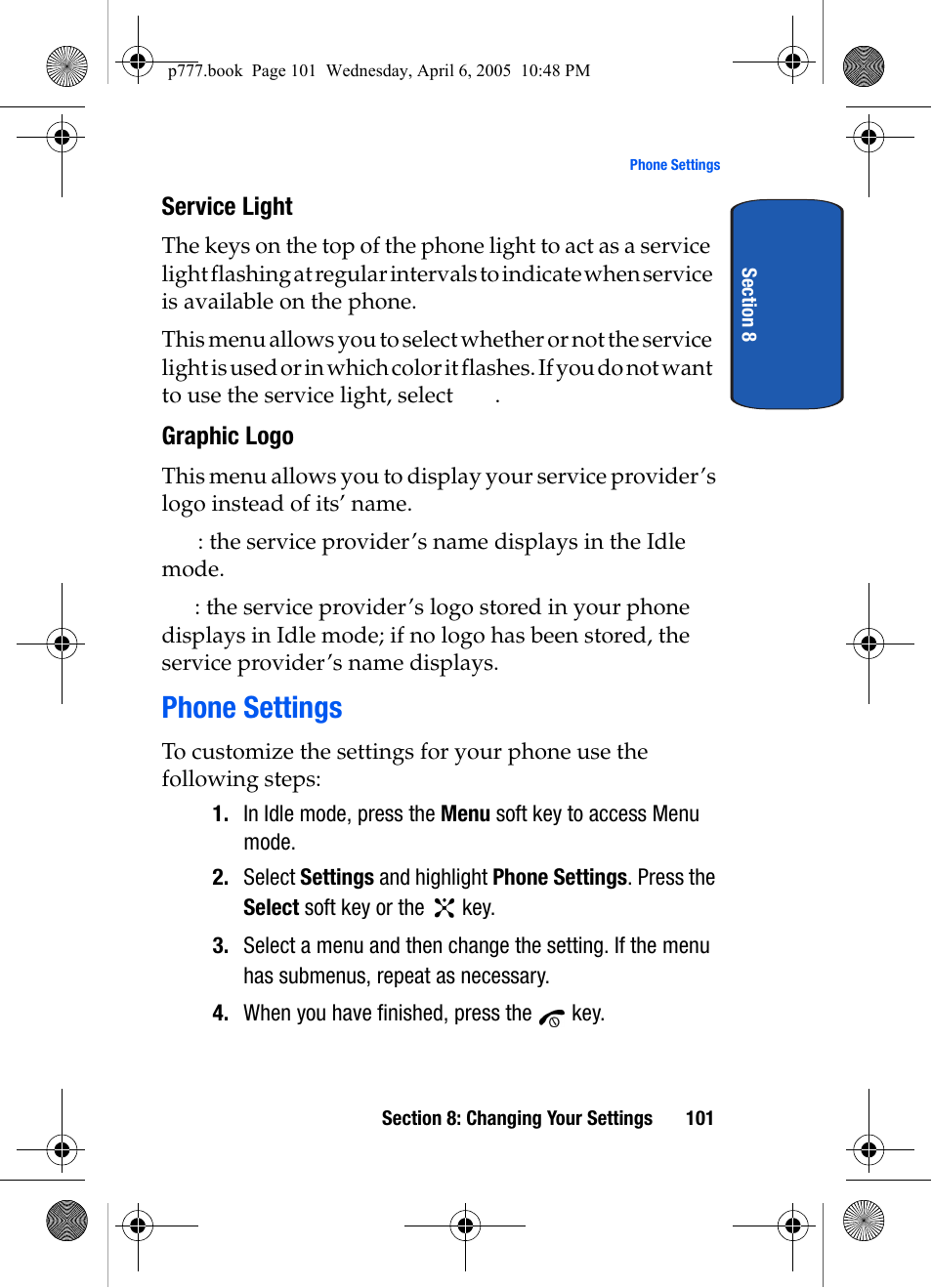 Service light, Graphic logo, Phone settings | Samsung P O R T A B L E T R I - M O D E T E L E P H O N E SGH-P777 User Manual | Page 105 / 205