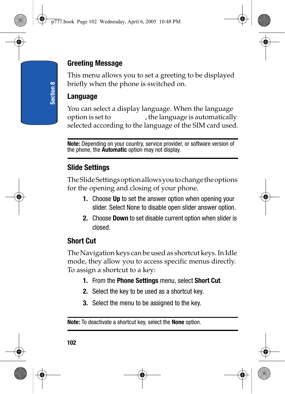 Greeting message, Language, Slide settings | Short cut | Samsung P O R T A B L E T R I - M O D E T E L E P H O N E SGH-P777 User Manual | Page 106 / 205