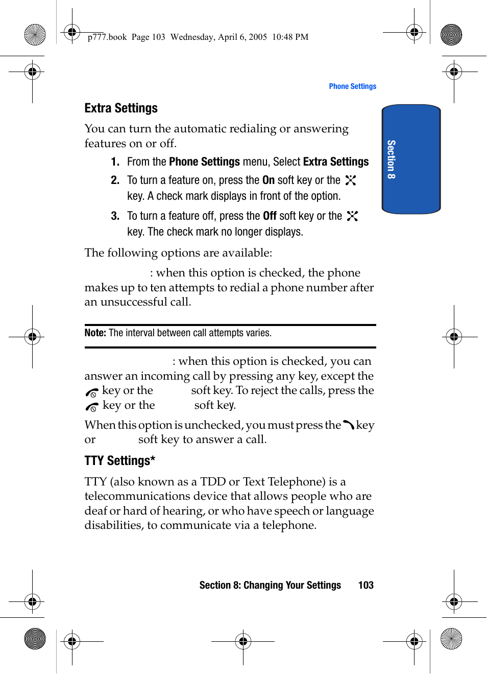 Extra settings, Tty settings | Samsung P O R T A B L E T R I - M O D E T E L E P H O N E SGH-P777 User Manual | Page 107 / 205