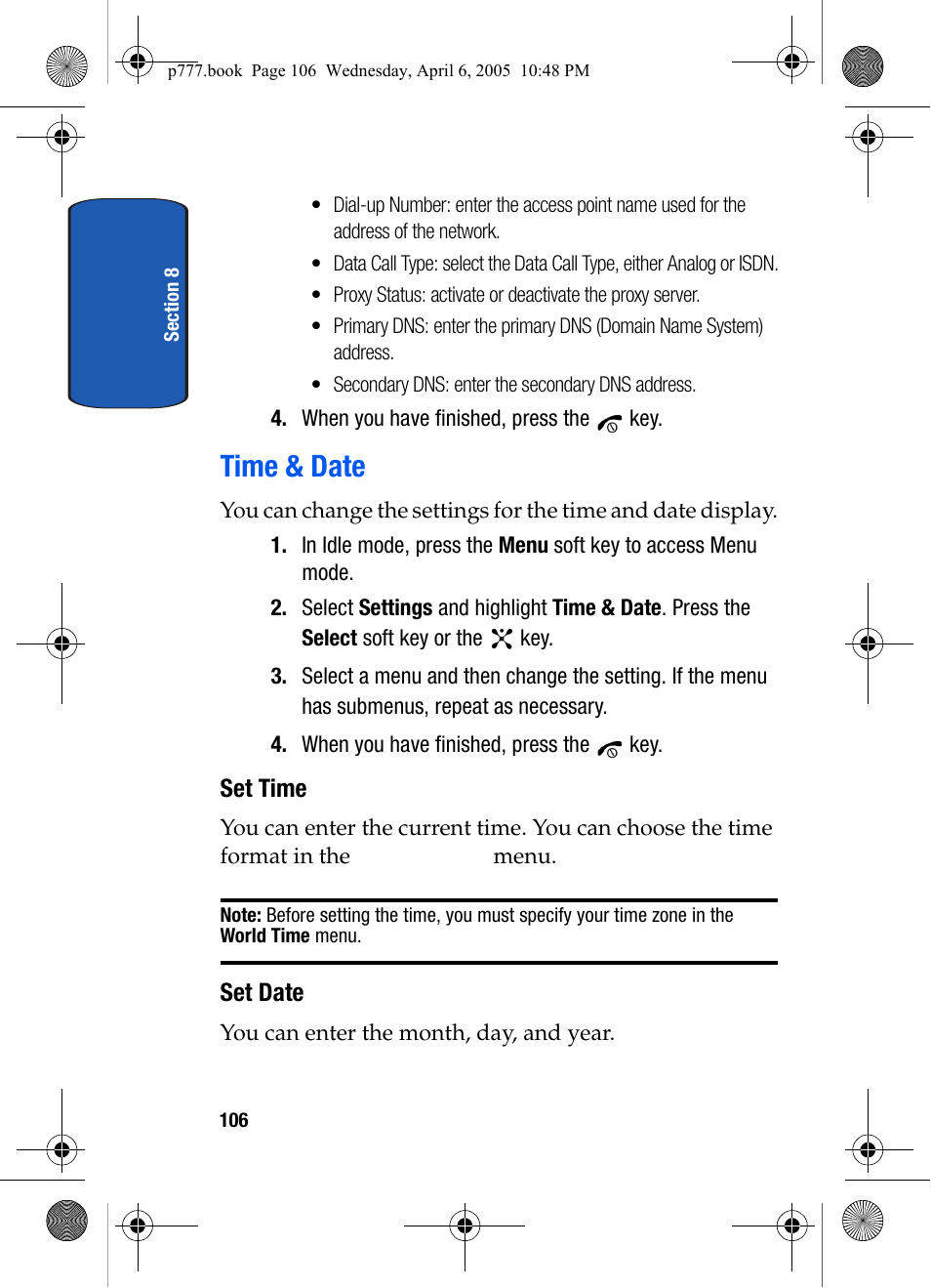 Time & date, Set time, Set date | Samsung P O R T A B L E T R I - M O D E T E L E P H O N E SGH-P777 User Manual | Page 110 / 205