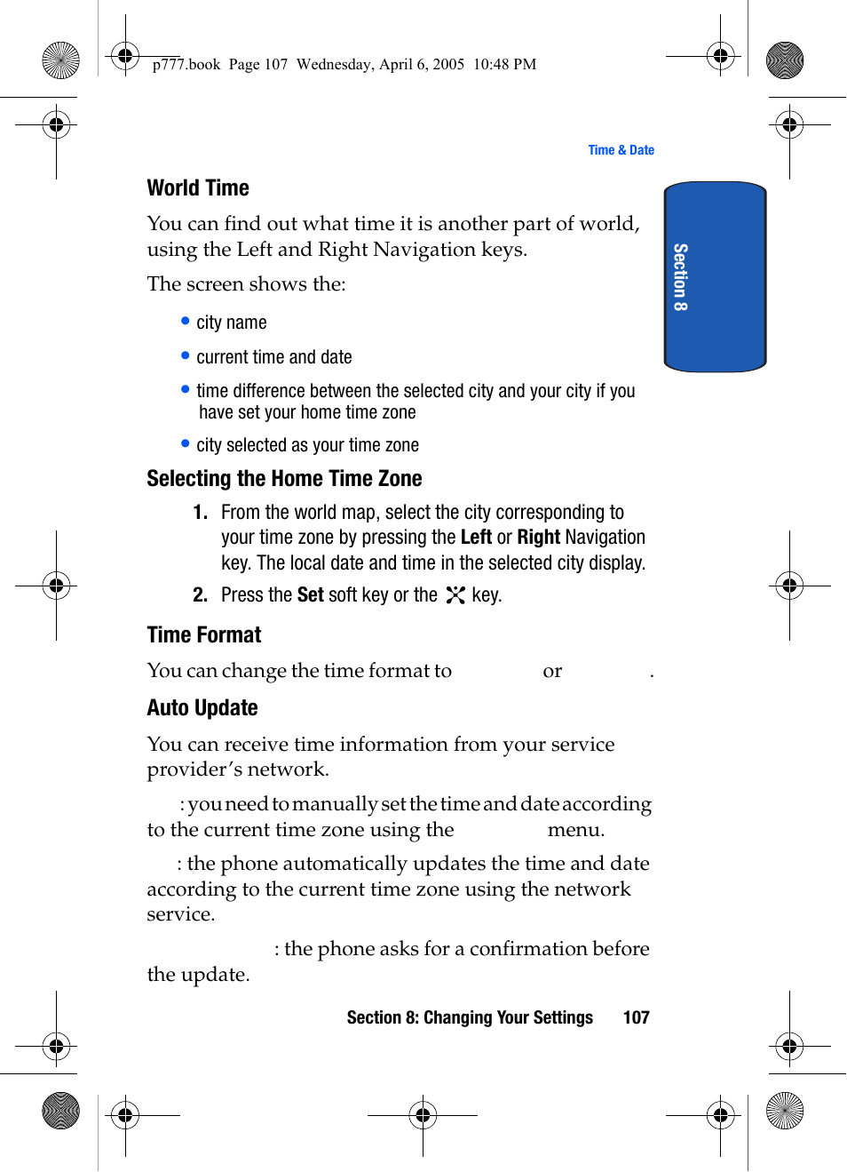 World time, Selecting the home time zone, Time format | Auto update | Samsung P O R T A B L E T R I - M O D E T E L E P H O N E SGH-P777 User Manual | Page 111 / 205