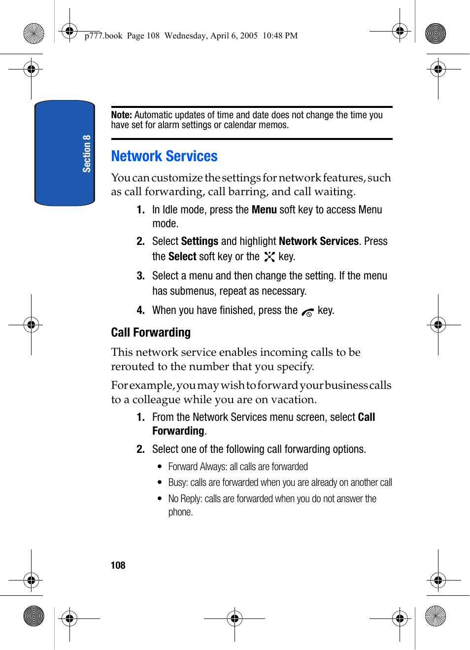 Network services, Call forwarding | Samsung P O R T A B L E T R I - M O D E T E L E P H O N E SGH-P777 User Manual | Page 112 / 205