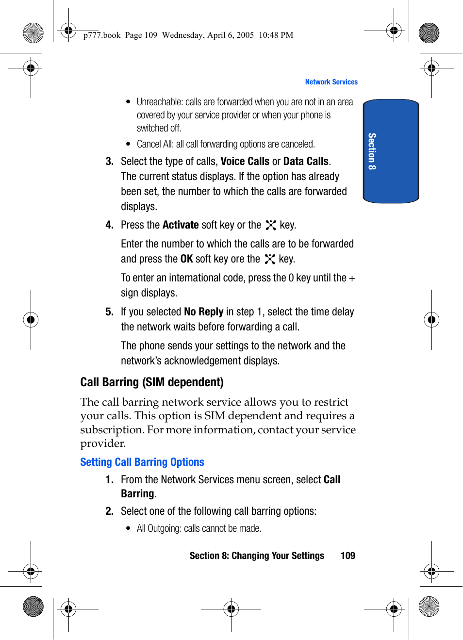 Call barring (sim dependent), Setting call barring options | Samsung P O R T A B L E T R I - M O D E T E L E P H O N E SGH-P777 User Manual | Page 113 / 205