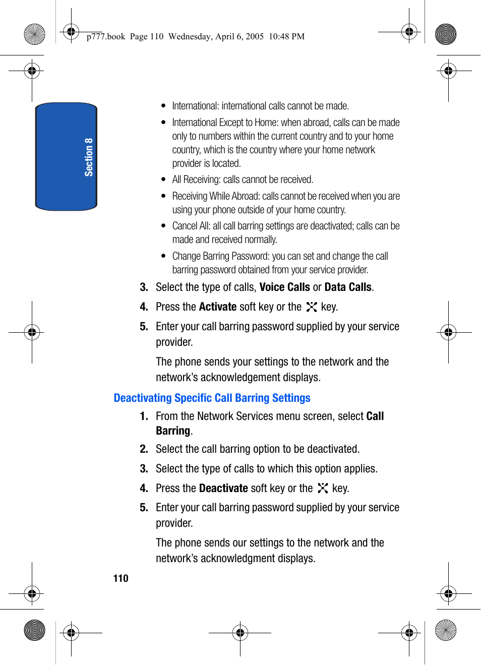 Deactivating specific call barring settings | Samsung P O R T A B L E T R I - M O D E T E L E P H O N E SGH-P777 User Manual | Page 114 / 205