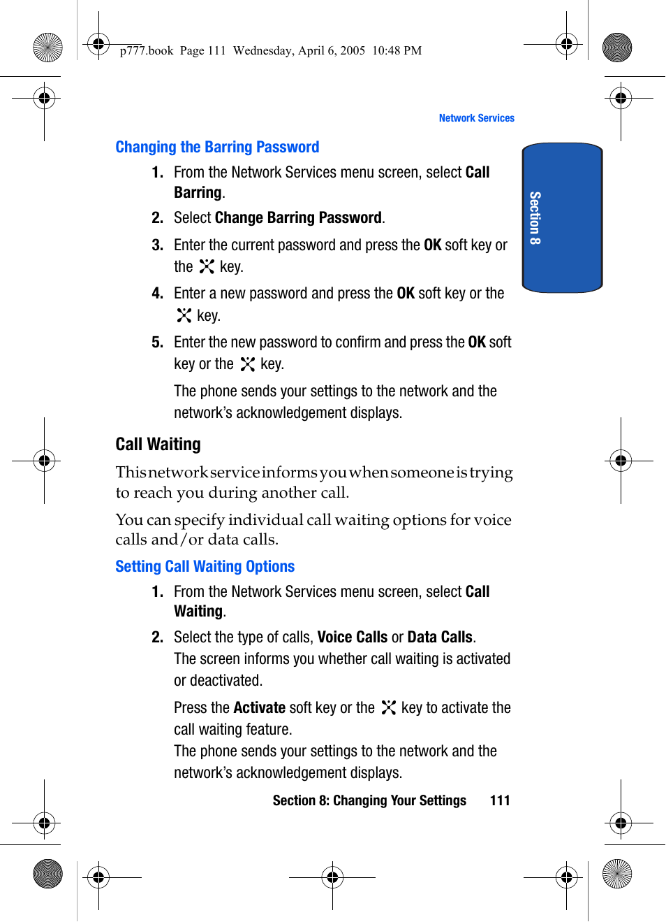 Changing the barring password, Call waiting, Setting call waiting options | Samsung P O R T A B L E T R I - M O D E T E L E P H O N E SGH-P777 User Manual | Page 115 / 205