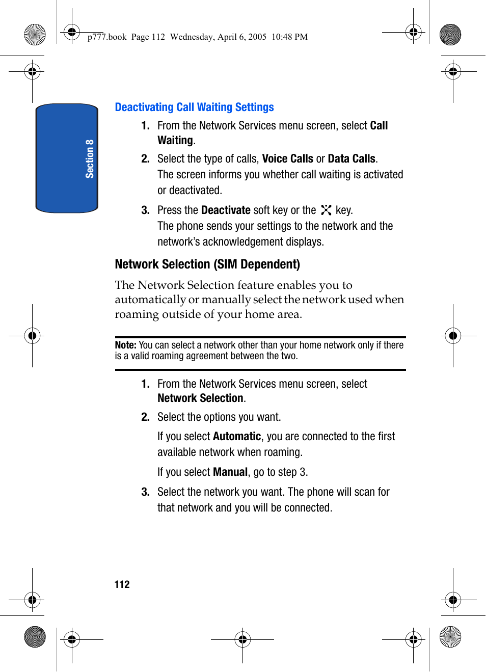 Deactivating call waiting settings, Network selection (sim dependent) | Samsung P O R T A B L E T R I - M O D E T E L E P H O N E SGH-P777 User Manual | Page 116 / 205