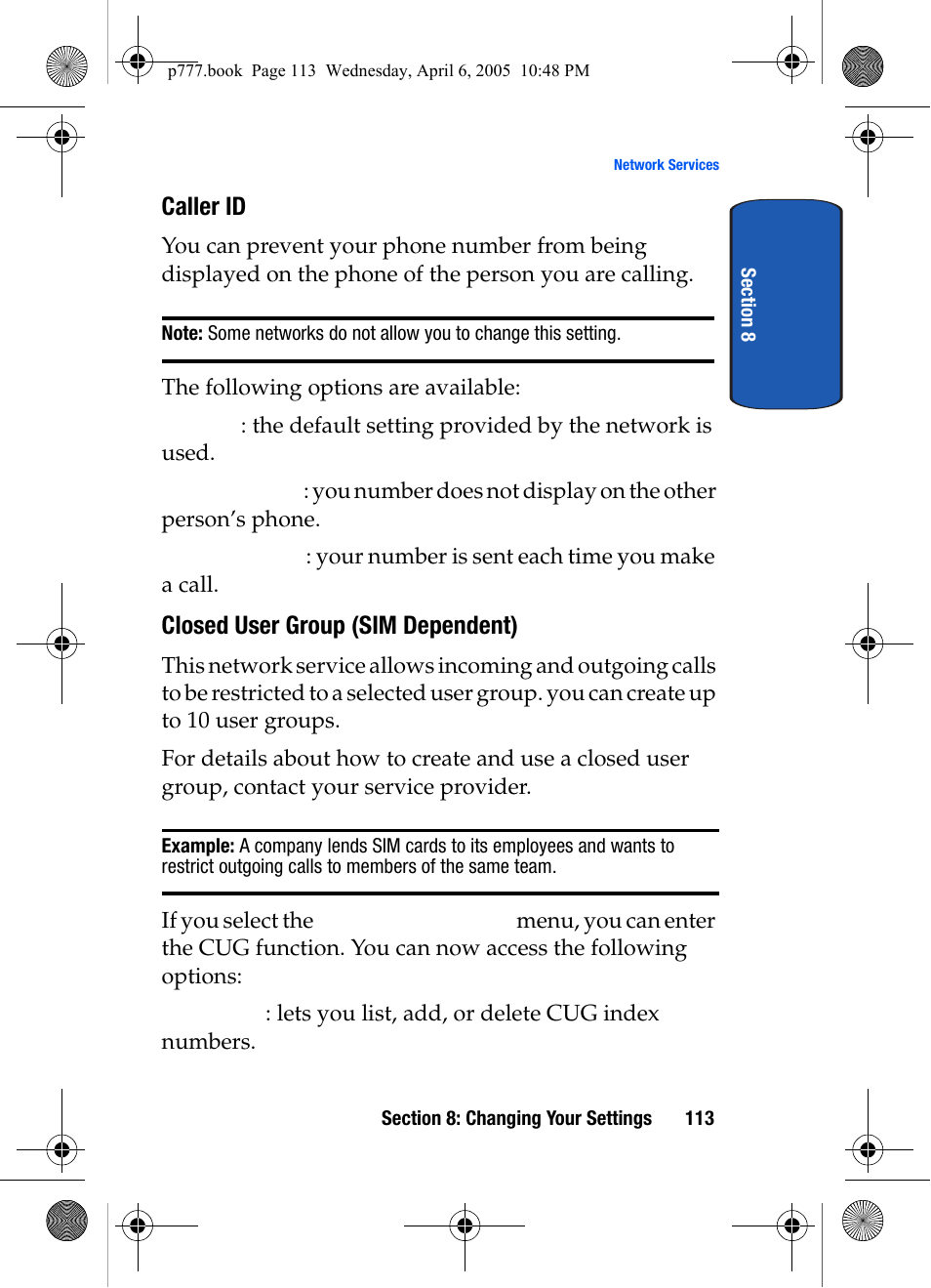 Caller id, Closed user group (sim dependent) | Samsung P O R T A B L E T R I - M O D E T E L E P H O N E SGH-P777 User Manual | Page 117 / 205