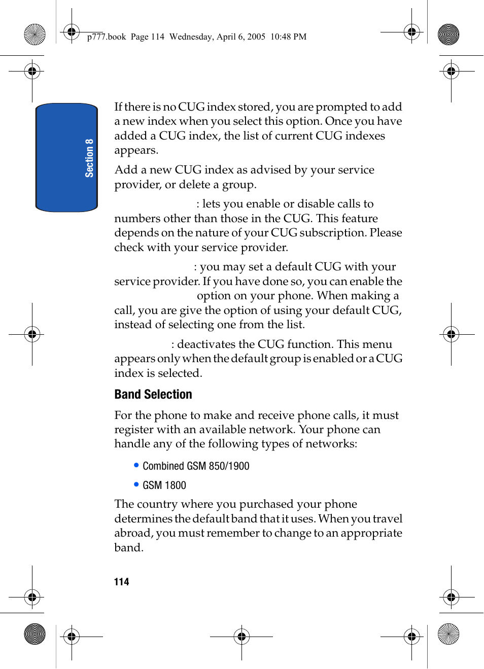 Band selection | Samsung P O R T A B L E T R I - M O D E T E L E P H O N E SGH-P777 User Manual | Page 118 / 205