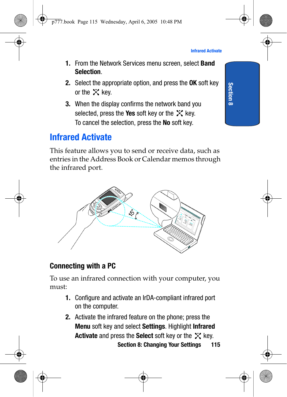 Infrared activate, Connecting with a pc | Samsung P O R T A B L E T R I - M O D E T E L E P H O N E SGH-P777 User Manual | Page 119 / 205