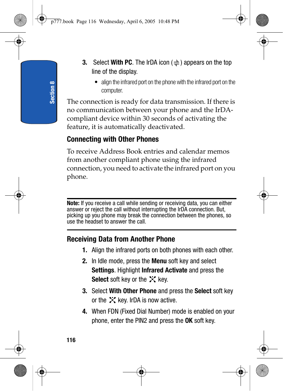 Connecting with other phones, Receiving data from another phone | Samsung P O R T A B L E T R I - M O D E T E L E P H O N E SGH-P777 User Manual | Page 120 / 205