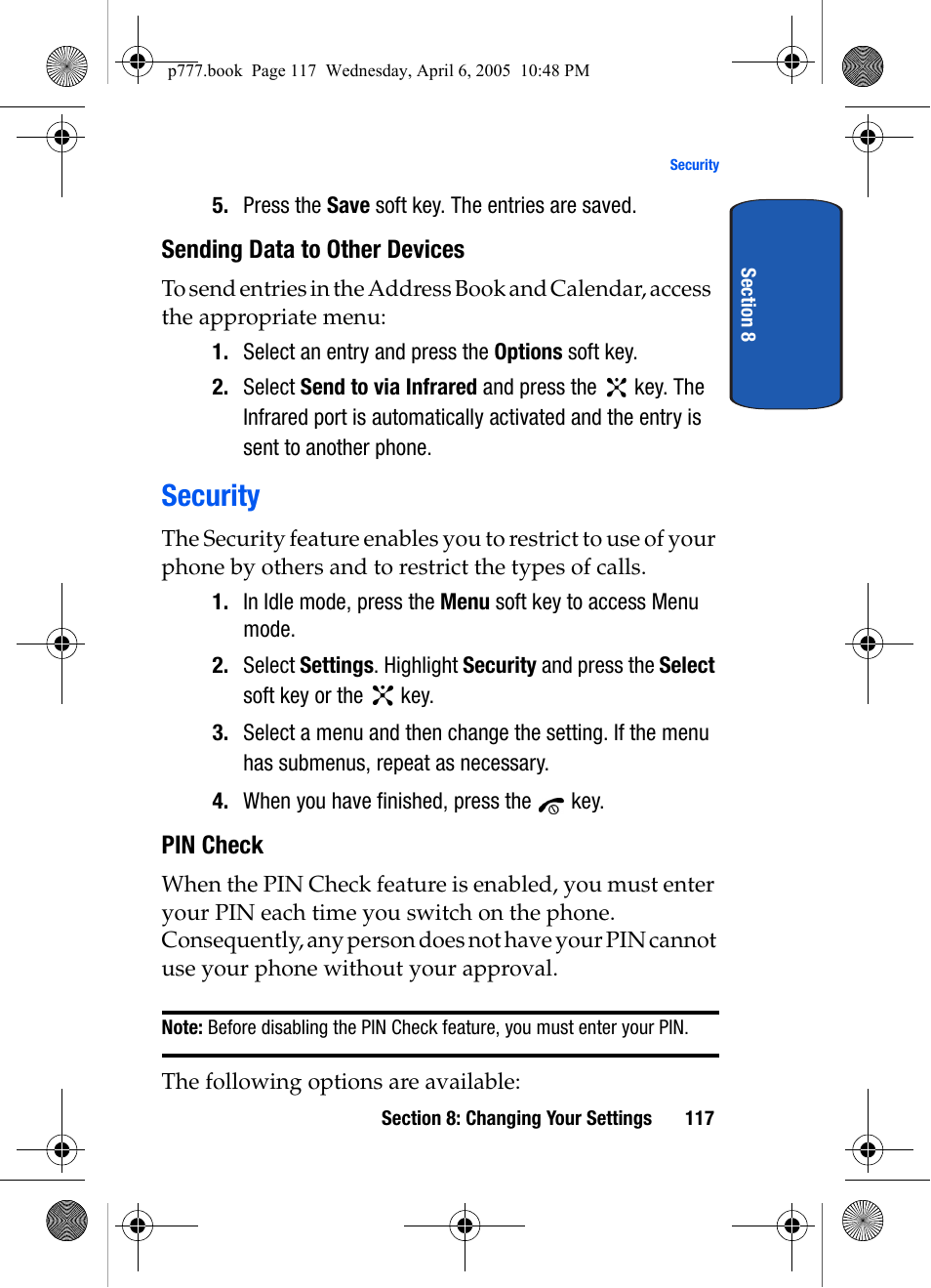 Sending data to other devices, Security, Pin check | Samsung P O R T A B L E T R I - M O D E T E L E P H O N E SGH-P777 User Manual | Page 121 / 205