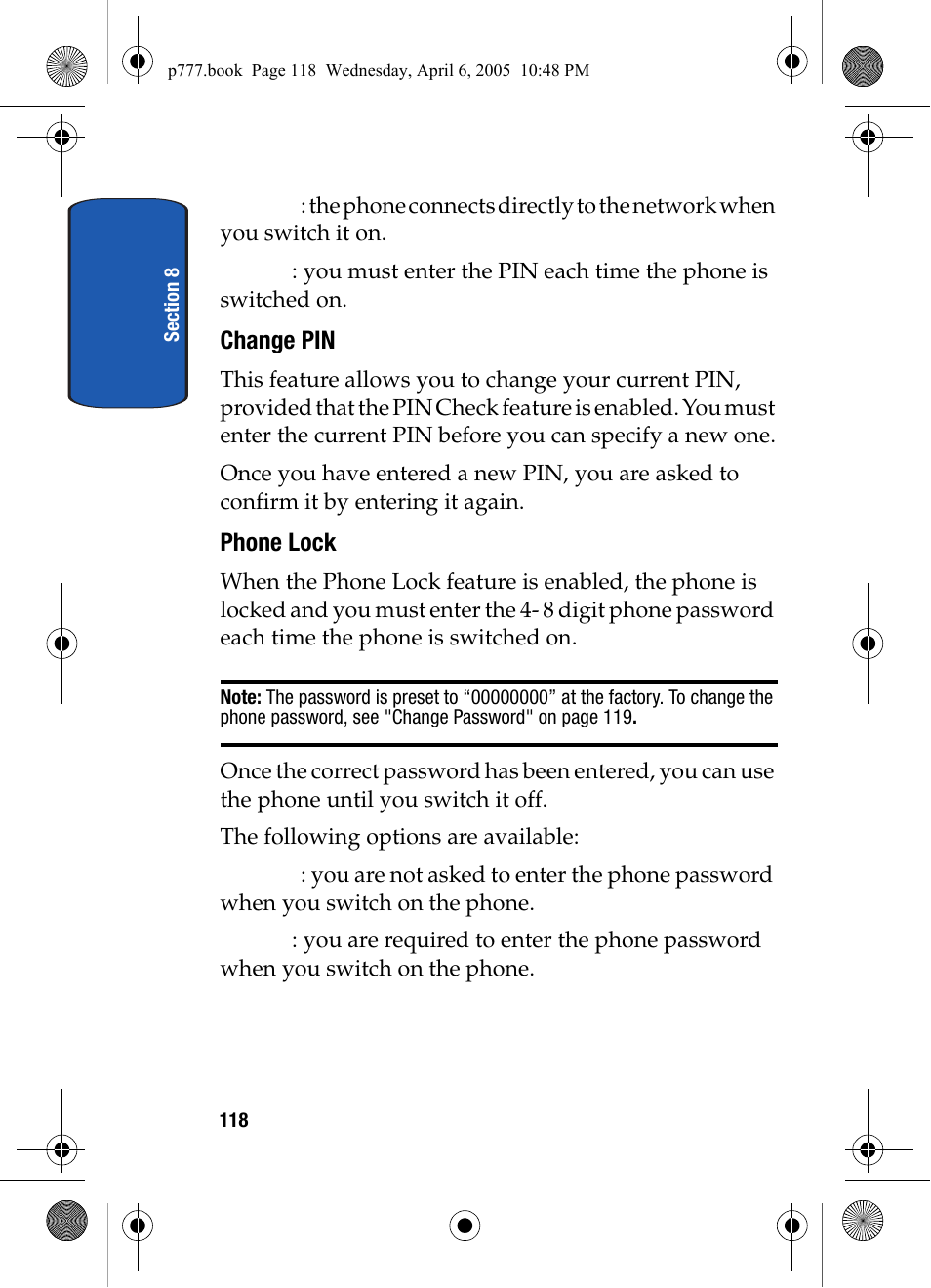 Change pin, Phone lock | Samsung P O R T A B L E T R I - M O D E T E L E P H O N E SGH-P777 User Manual | Page 122 / 205