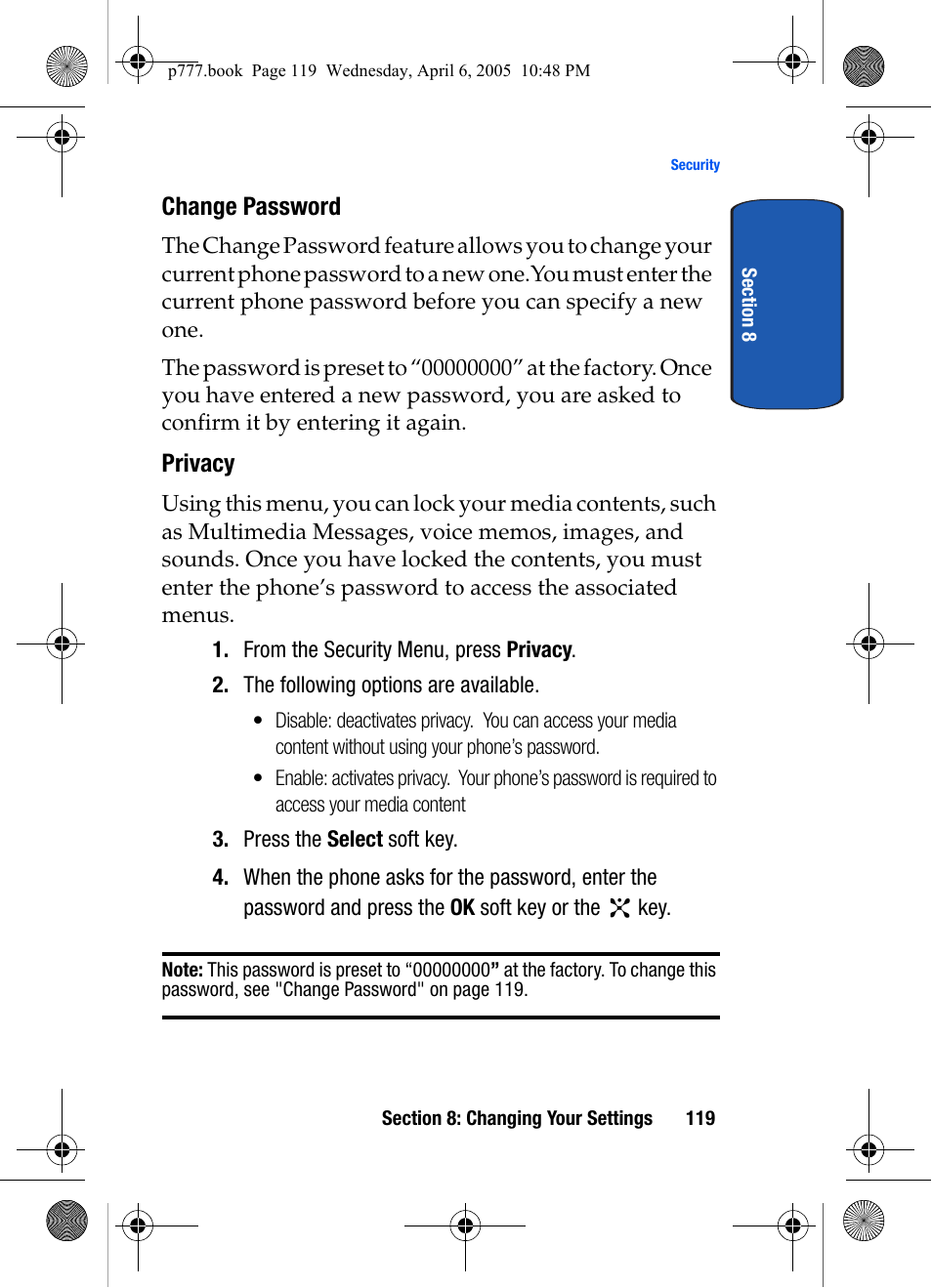 Change password, Privacy | Samsung P O R T A B L E T R I - M O D E T E L E P H O N E SGH-P777 User Manual | Page 123 / 205