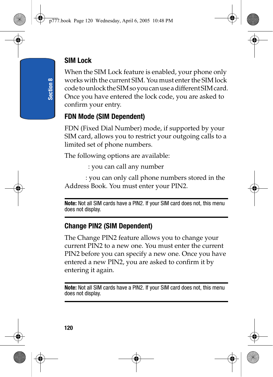 Sim lock, Fdn mode (sim dependent), Change pin2 (sim dependent) | Samsung P O R T A B L E T R I - M O D E T E L E P H O N E SGH-P777 User Manual | Page 124 / 205