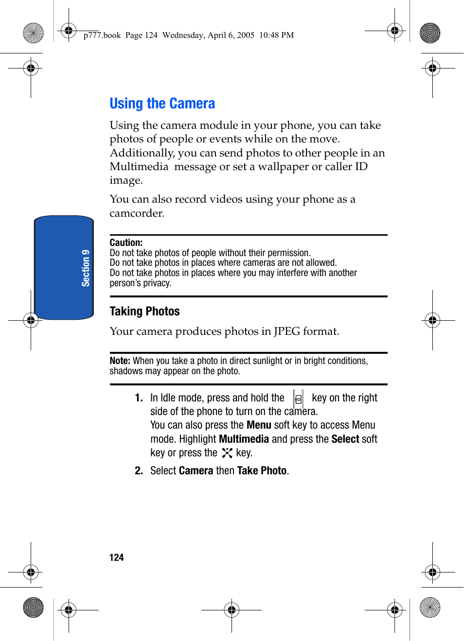 Using the camera, Taking photos | Samsung P O R T A B L E T R I - M O D E T E L E P H O N E SGH-P777 User Manual | Page 128 / 205
