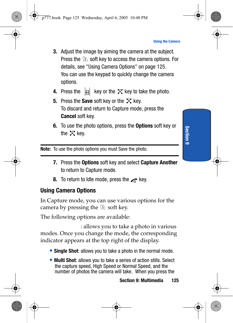 Using camera options | Samsung P O R T A B L E T R I - M O D E T E L E P H O N E SGH-P777 User Manual | Page 129 / 205