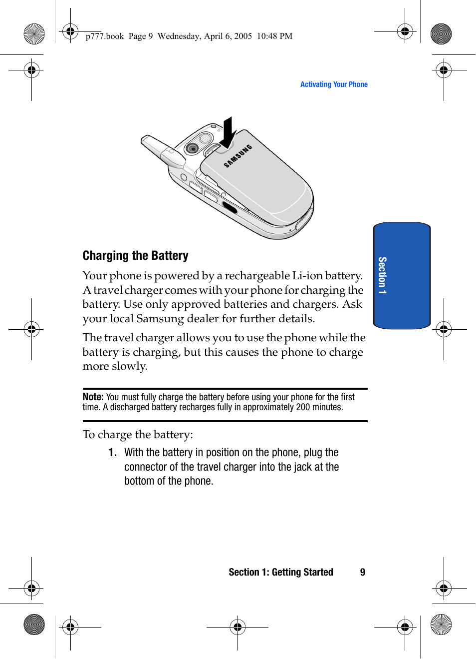 Charging the battery | Samsung P O R T A B L E T R I - M O D E T E L E P H O N E SGH-P777 User Manual | Page 13 / 205