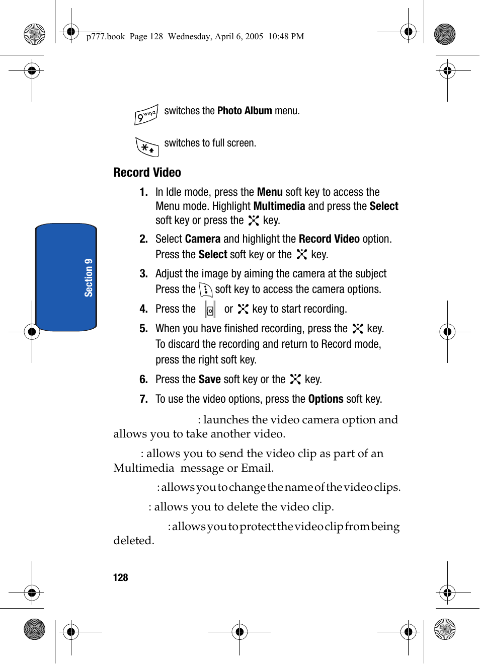 Record video | Samsung P O R T A B L E T R I - M O D E T E L E P H O N E SGH-P777 User Manual | Page 132 / 205