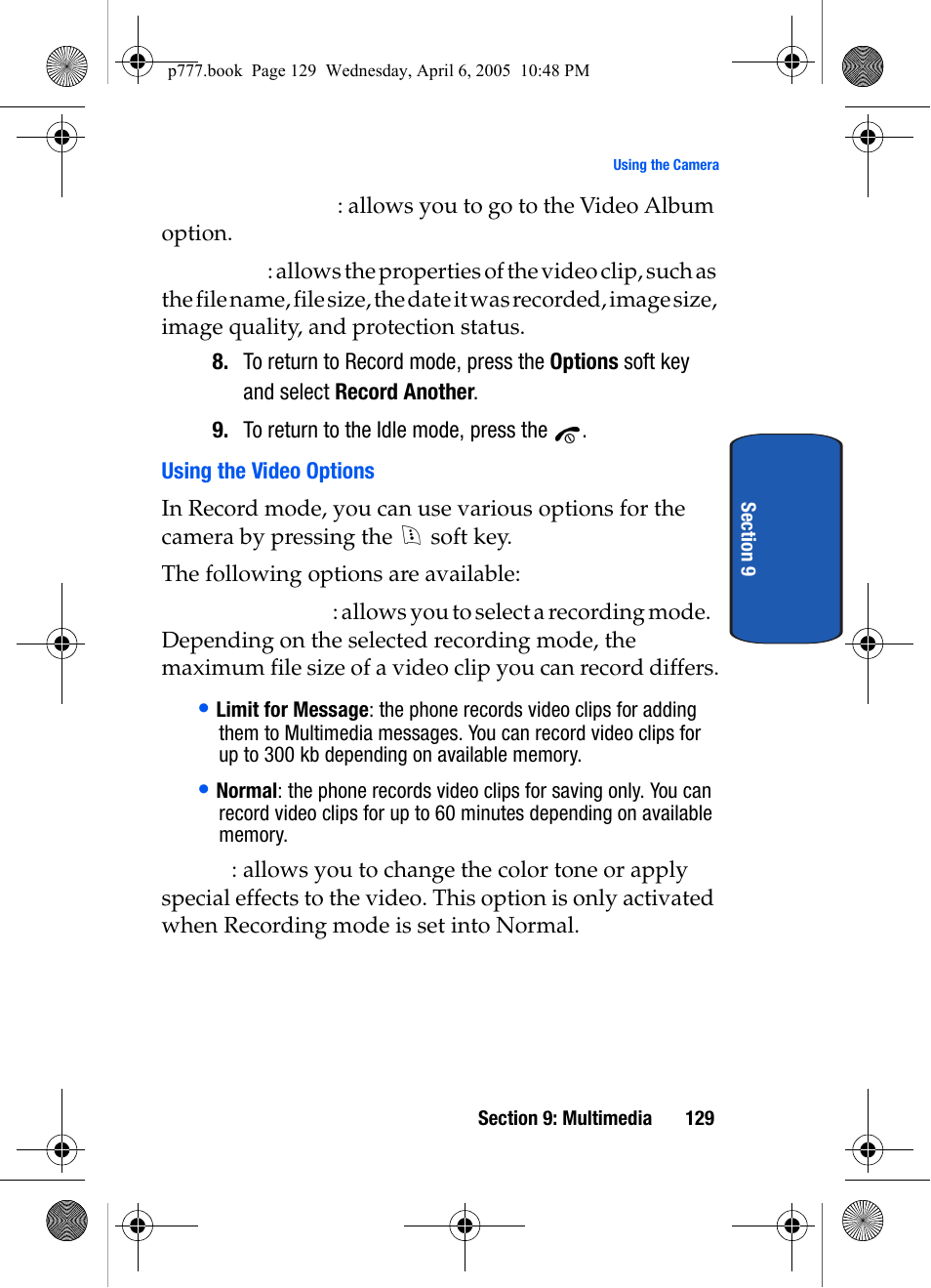 Using the video options | Samsung P O R T A B L E T R I - M O D E T E L E P H O N E SGH-P777 User Manual | Page 133 / 205