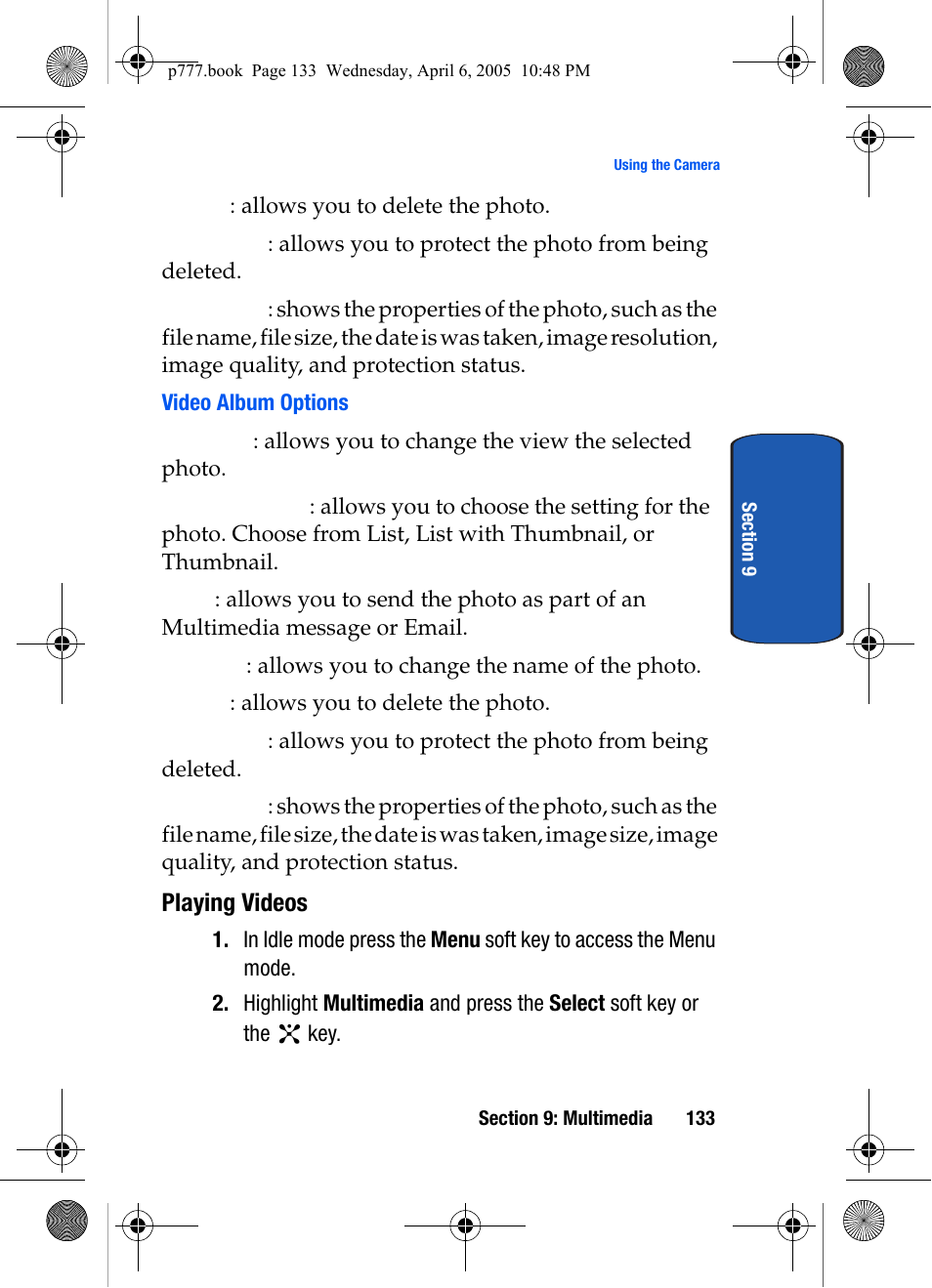 Video album options, Playing videos | Samsung P O R T A B L E T R I - M O D E T E L E P H O N E SGH-P777 User Manual | Page 137 / 205