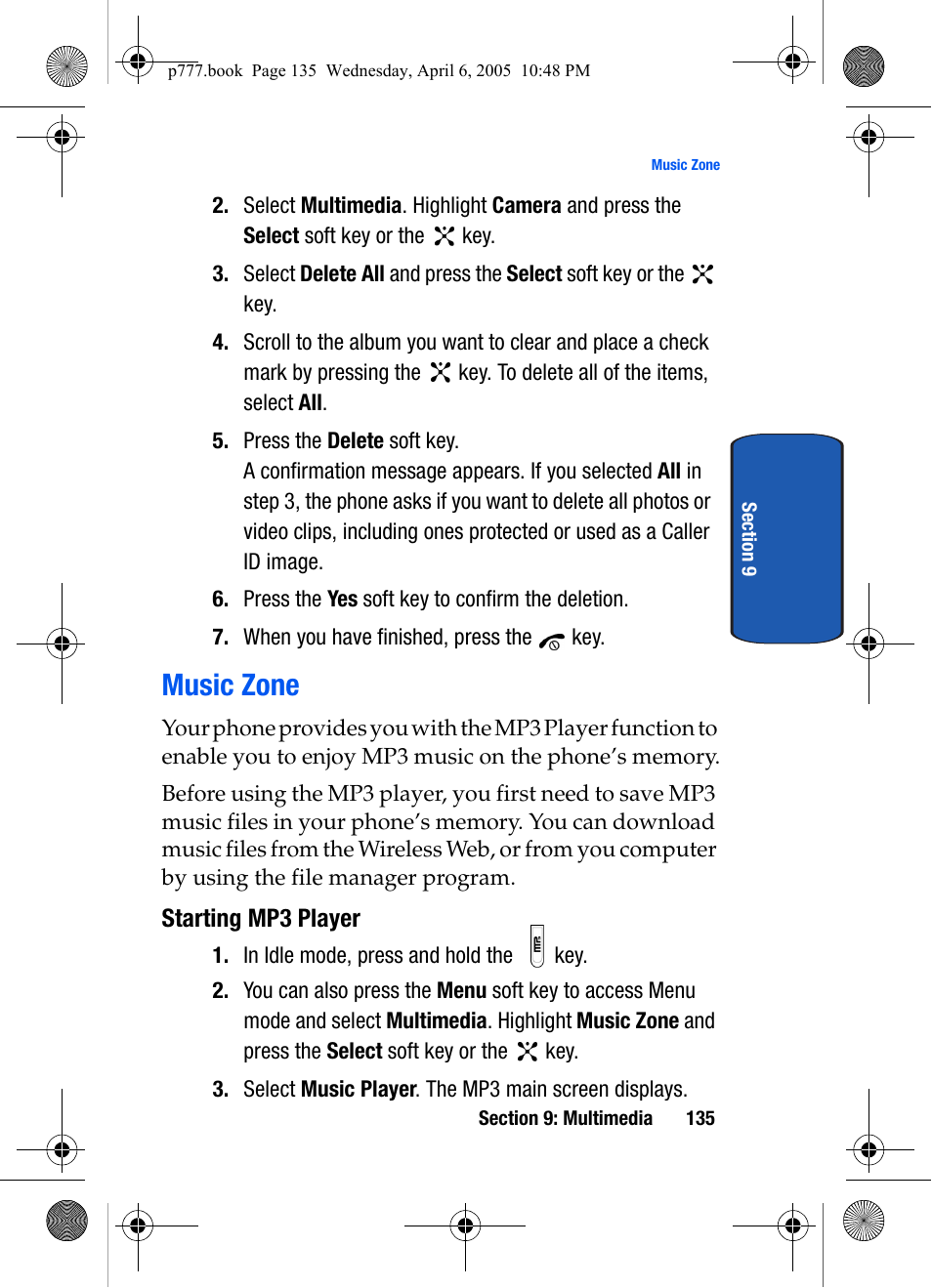 Music zone, Starting mp3 player | Samsung P O R T A B L E T R I - M O D E T E L E P H O N E SGH-P777 User Manual | Page 139 / 205