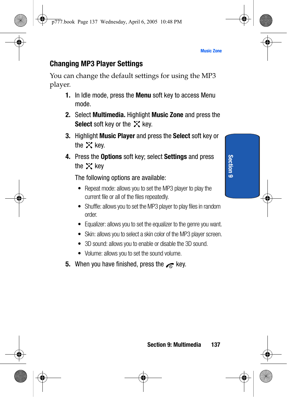 Changing mp3 player settings | Samsung P O R T A B L E T R I - M O D E T E L E P H O N E SGH-P777 User Manual | Page 141 / 205