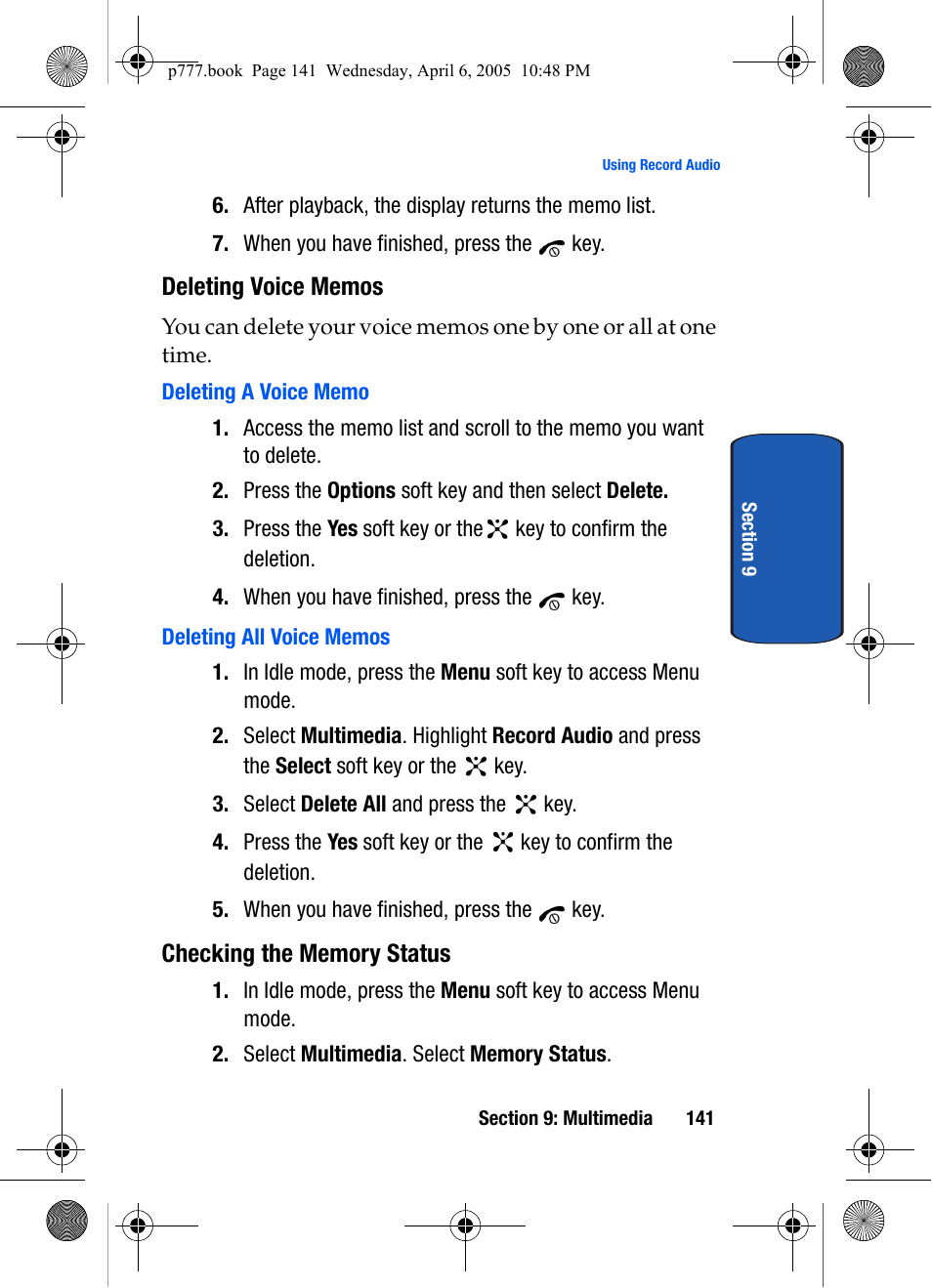 Deleting voice memos, Deleting a voice memo, Deleting all voice memos | Checking the memory status | Samsung P O R T A B L E T R I - M O D E T E L E P H O N E SGH-P777 User Manual | Page 145 / 205