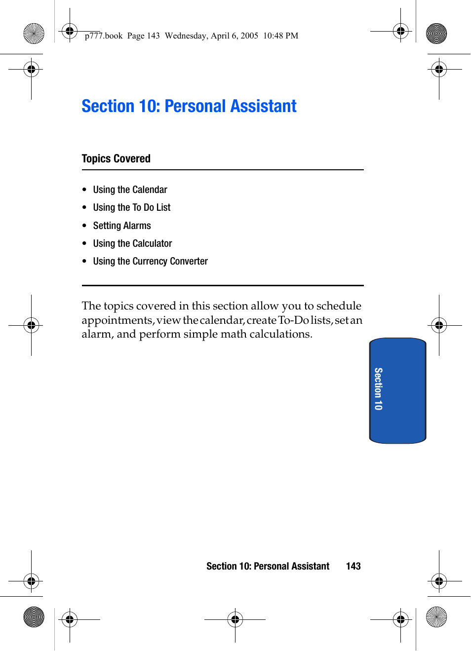 Section 10: personal assistant | Samsung P O R T A B L E T R I - M O D E T E L E P H O N E SGH-P777 User Manual | Page 147 / 205