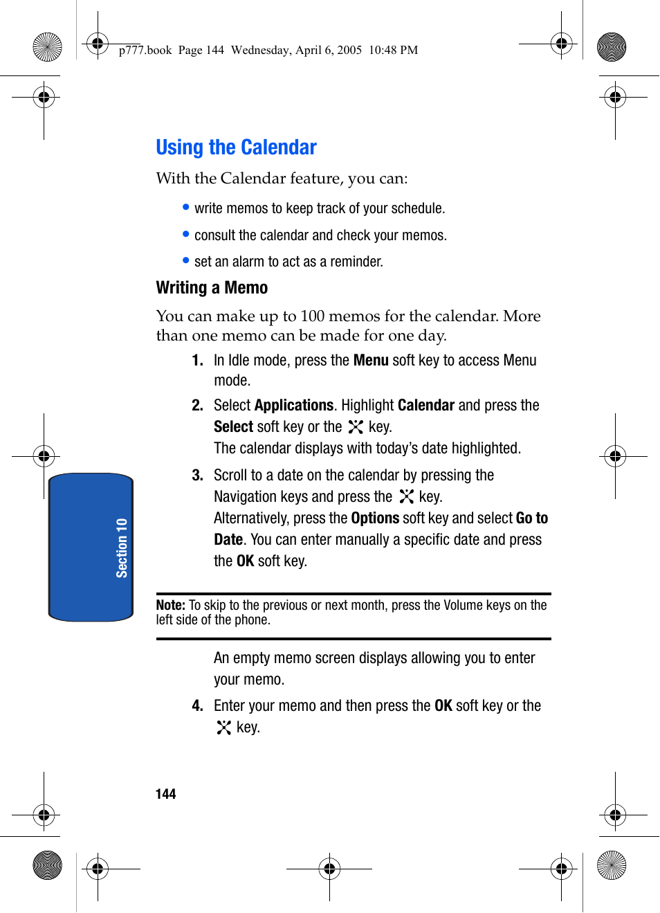 Using the calendar, Writing a memo | Samsung P O R T A B L E T R I - M O D E T E L E P H O N E SGH-P777 User Manual | Page 148 / 205