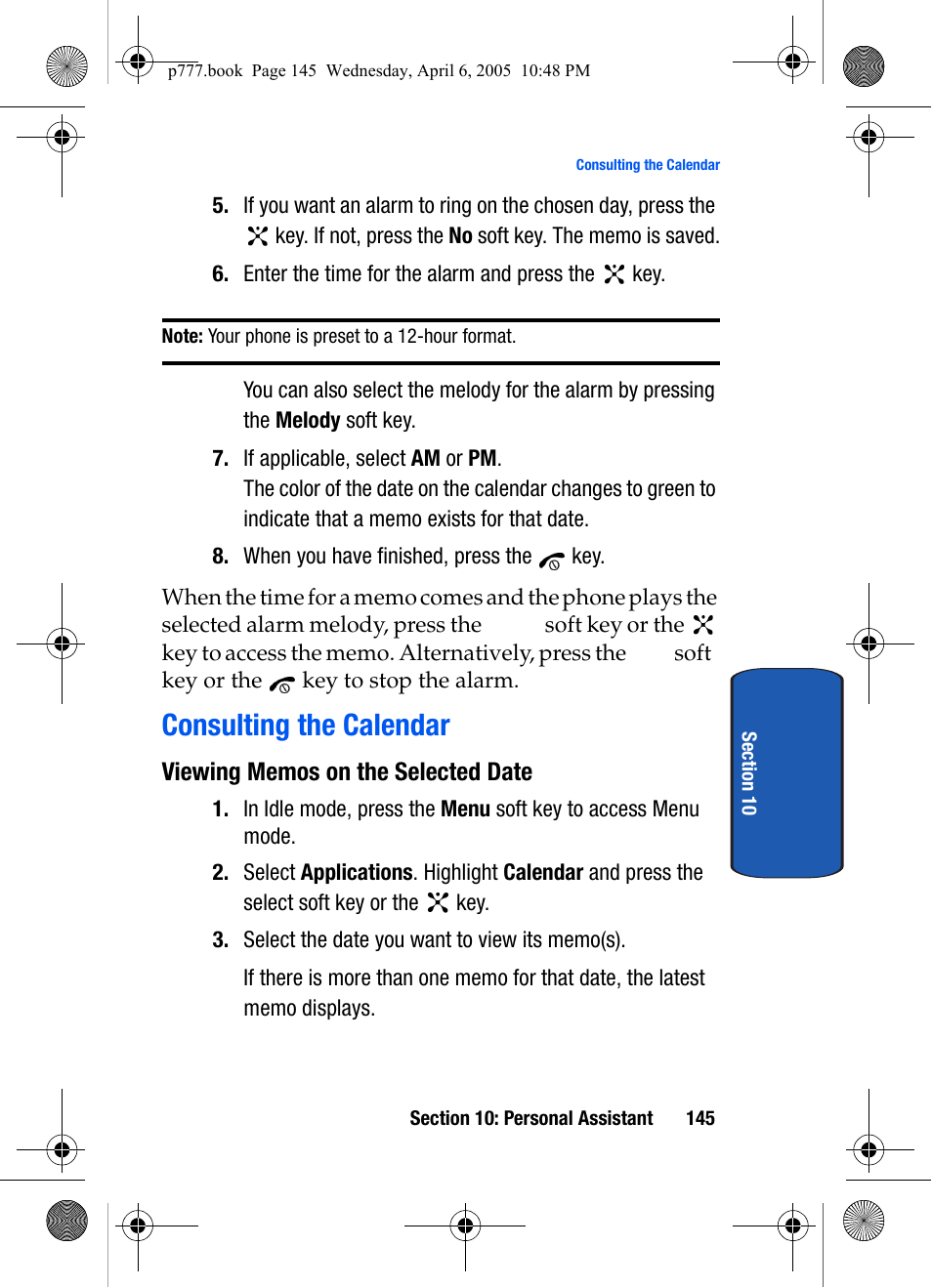 Consulting the calendar, Viewing memos on the selected date | Samsung P O R T A B L E T R I - M O D E T E L E P H O N E SGH-P777 User Manual | Page 149 / 205