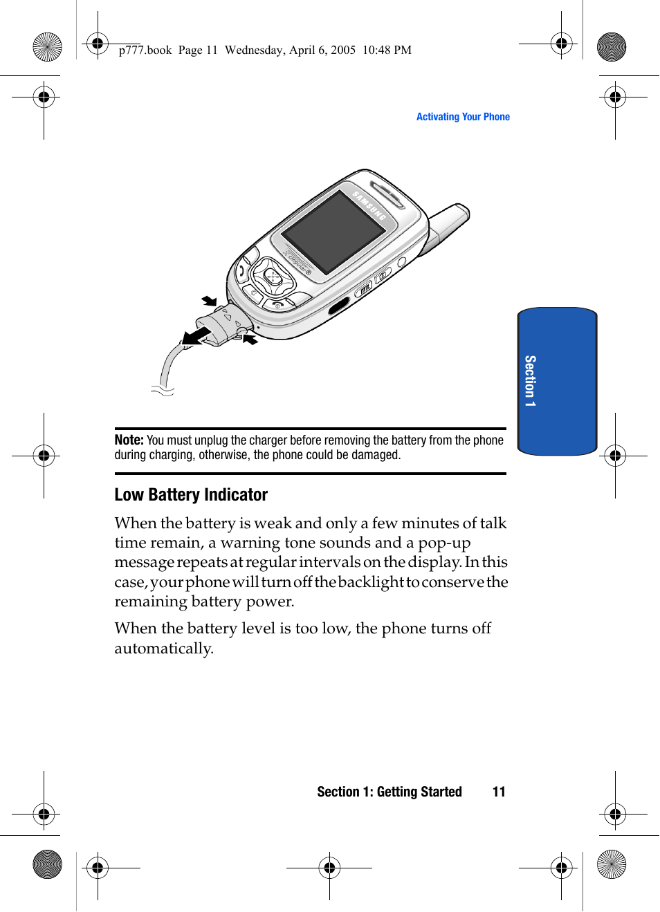 Low battery indicator | Samsung P O R T A B L E T R I - M O D E T E L E P H O N E SGH-P777 User Manual | Page 15 / 205
