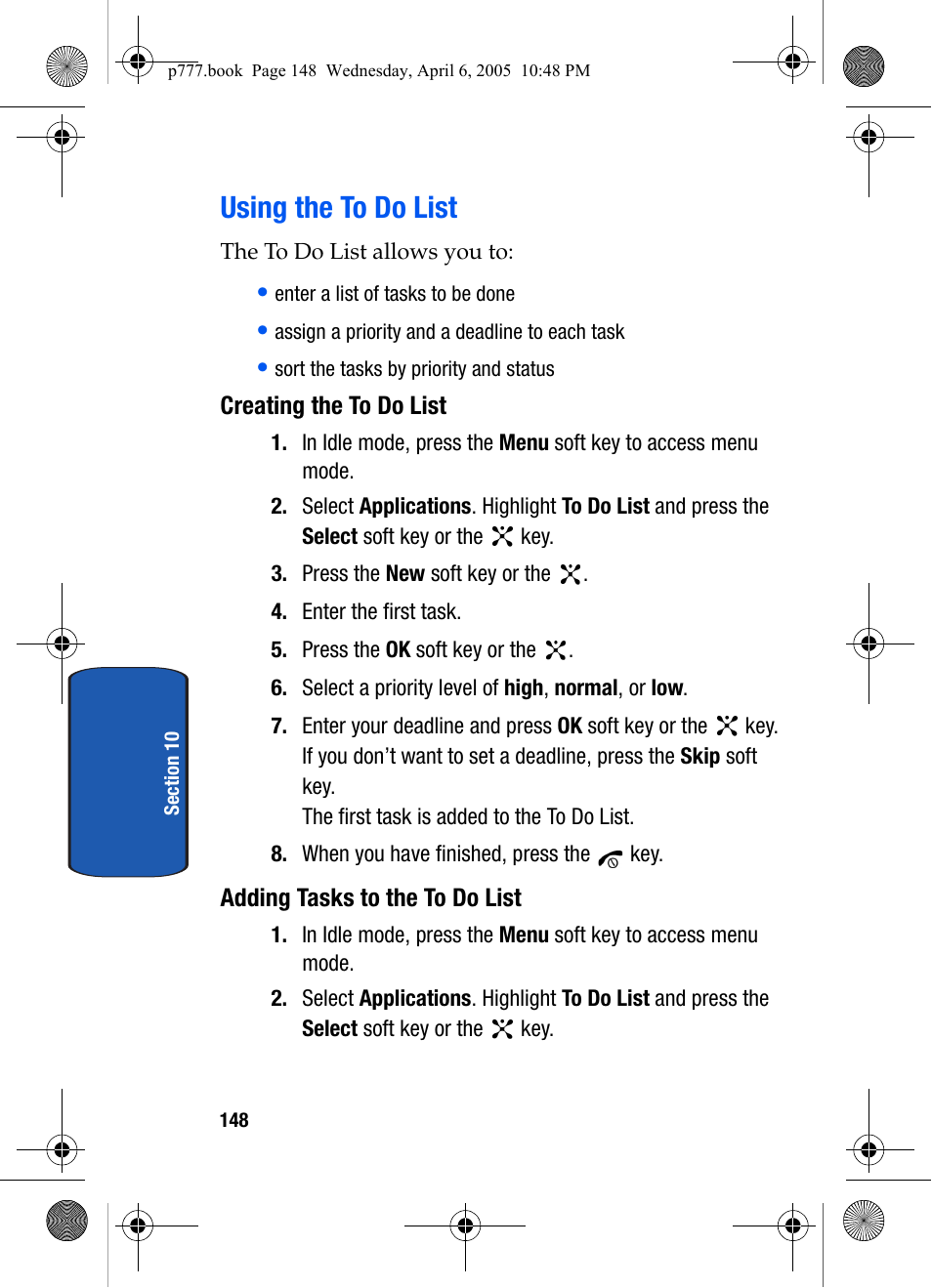 Using the to do list, Creating the to do list, Adding tasks to the to do list | Samsung P O R T A B L E T R I - M O D E T E L E P H O N E SGH-P777 User Manual | Page 152 / 205